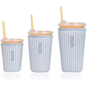 Reusable Insulated Neoprene Iced Coffee Cup Sleeve, Durable Drink Sleeve for Cold Beverages, Beverage Holder for Iced Coffee, Blue Stripes