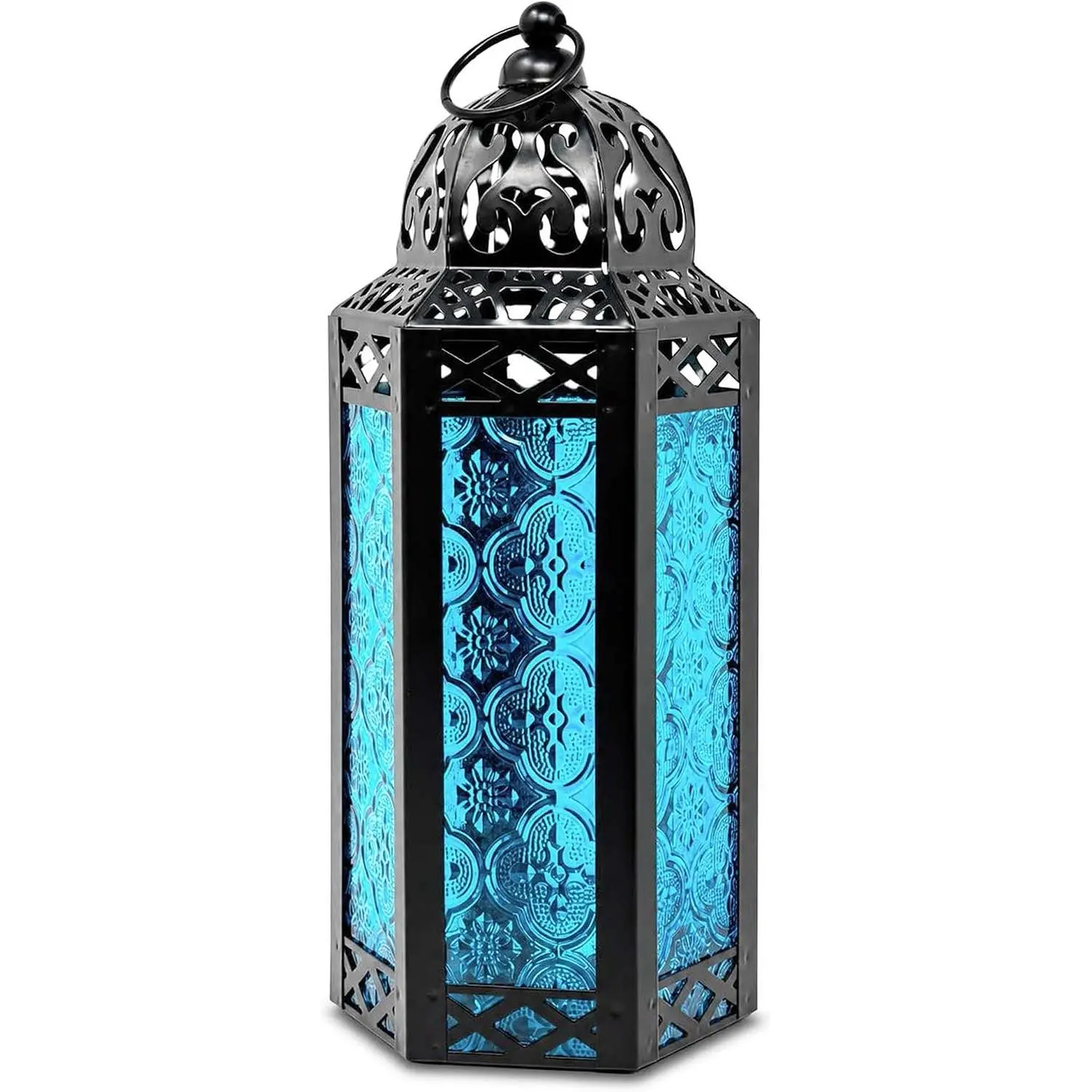 Decorative Indoor Moroccan Candle Holder, Blue, M | Ramadan & Eid Decorations, Turkish Votive Lamp, Hanging Candle Lantern, Tealight & Pillar Holder, 10.5in Tall