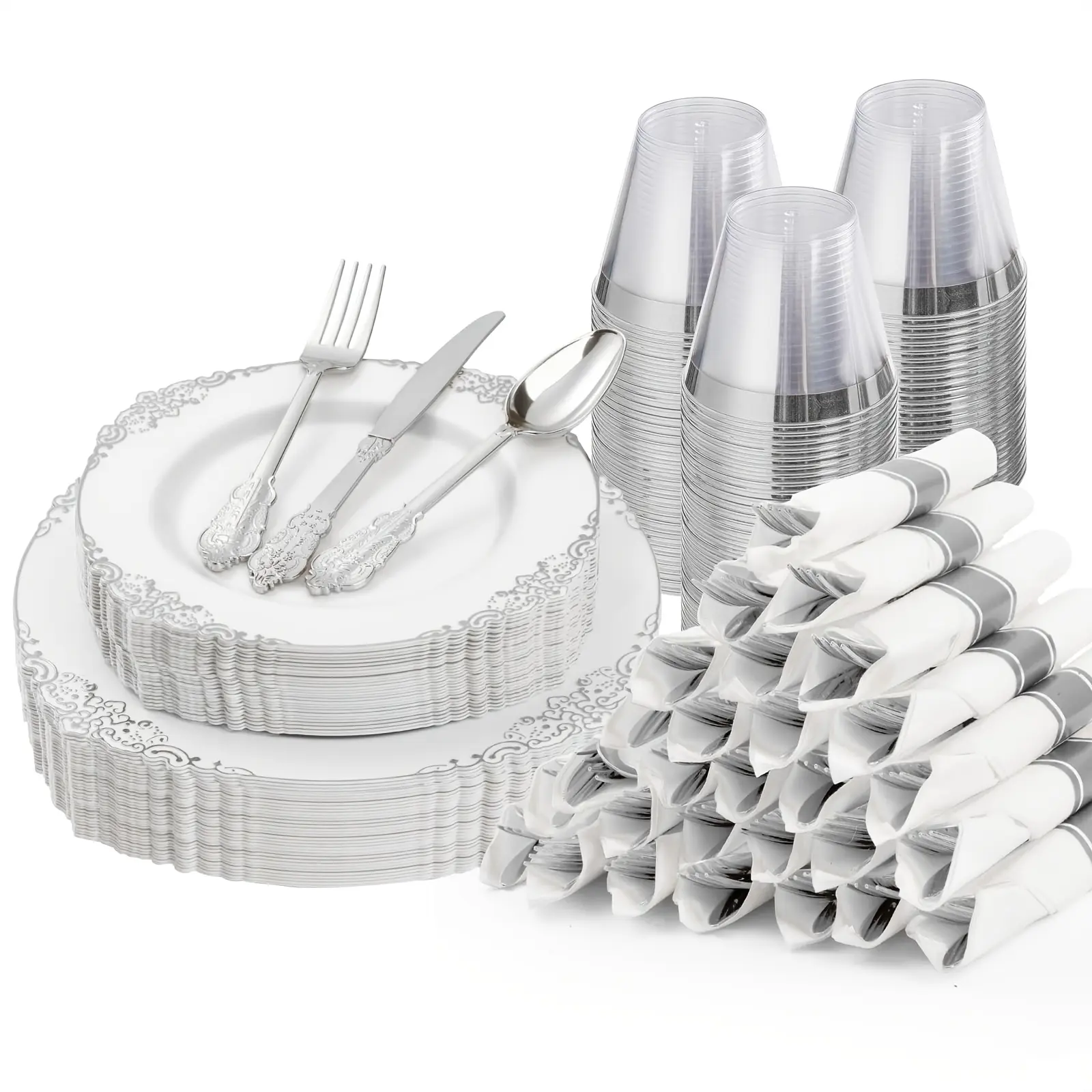 175-piece white and silver plastic dinner plate set, suitable for 25 guests, disposable tableware set includes: 50 plastic plates, 25 sets of silverware, 25 cups, and 25 pre-rolled napkins, suitable for parties and weddings