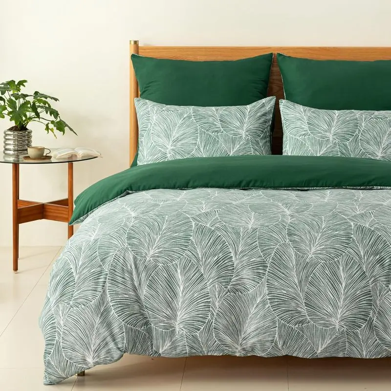 Emerald Green Duvet Cover King Tropical Leaf Reversible Soft Washed Microfiber Bedding Set 3 Piece
