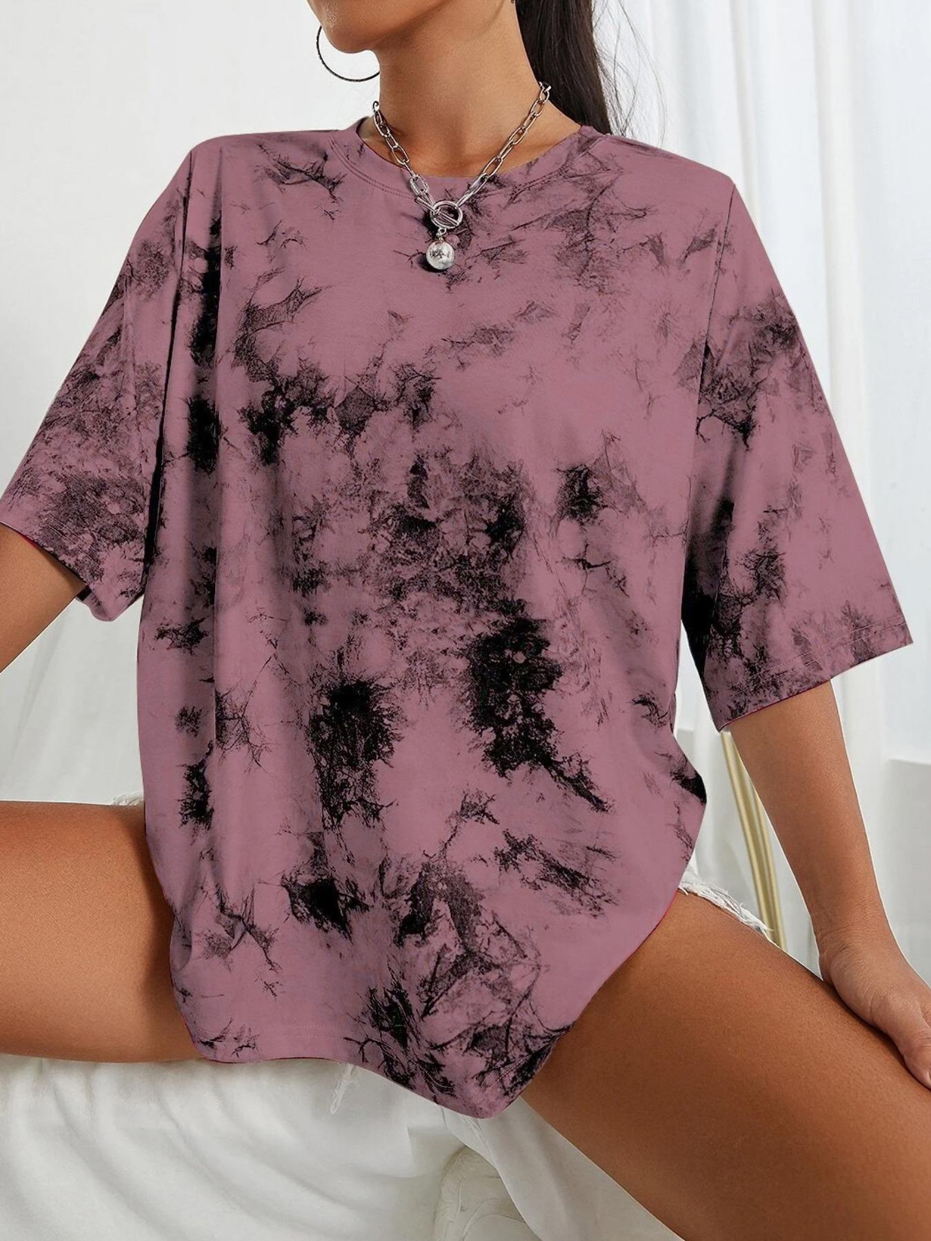 Women's Tie Dye Print Drop Shoulder Tee, Street Fashion Casual Short Sleeve Round Neck T-Shirt for Summer, Ladies Clothes for Daily Wear