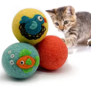 Hustle & Blush Love Ewe Felted Cat Toys 3 Pack - 2 Inch Fish & Bird Hand Made Cute & Fun Design Kitten Wool Felt Balls for Indoor Play & Exercise - 100% New Zealand Handmade Felted Balls
