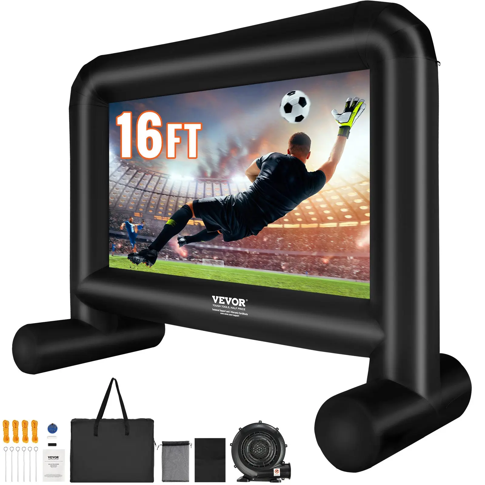 VEVOR 16 FT Portable Inflatable Projector Screen, Oxford Fabric with Blower, Carry Bag & Dual Front-Rear Screen Surface, Outdoor Tool for Movie Lovers’ Backyard Parties