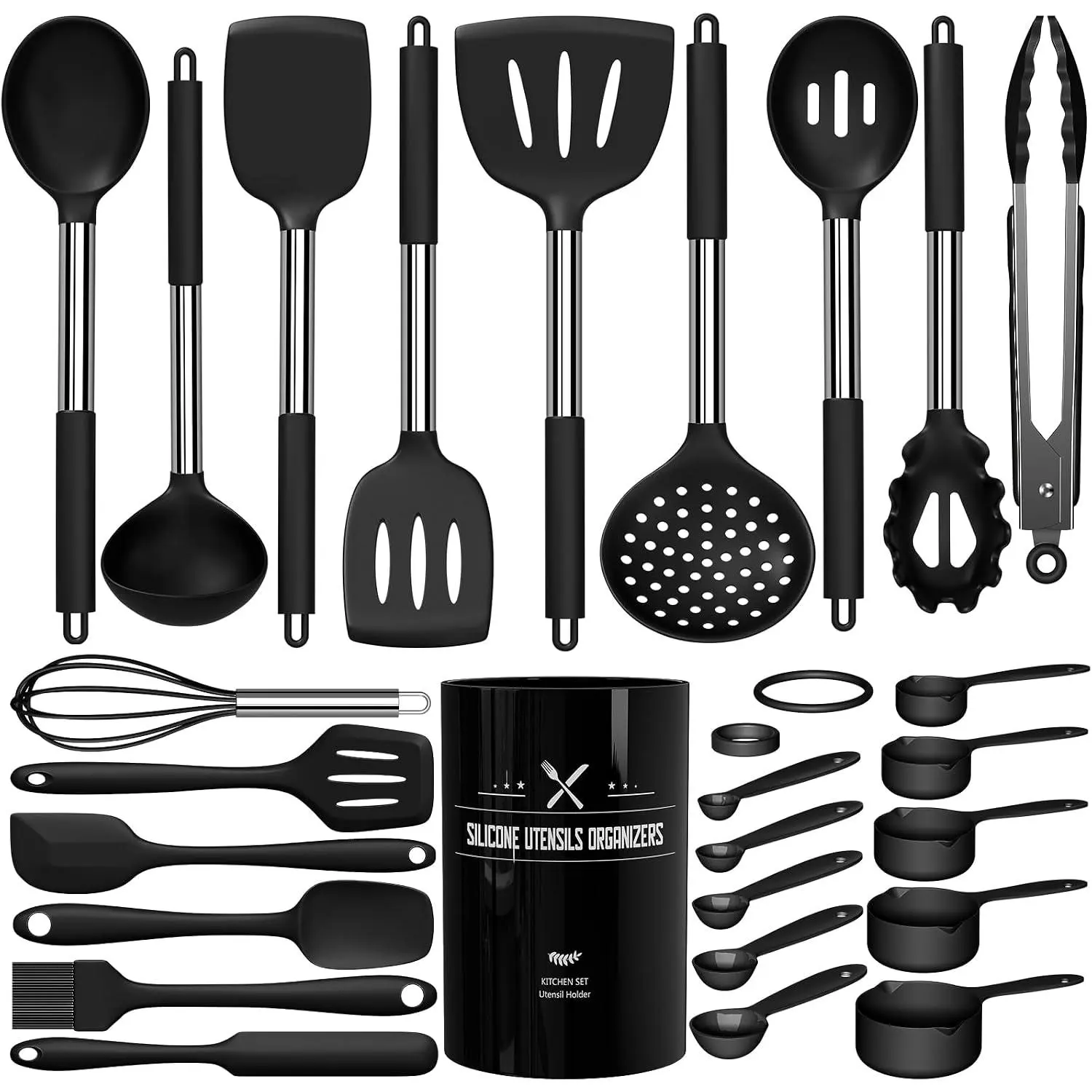 Kitchen Utensils Set,  Large Heat Resistant Cooking Utensil, 26 count  Spatulas Set, Stainless Steel Handle, Black Kitchen Gadgets Tools Set for Nonstick Cookware