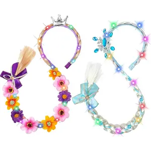 2 Pcs Light Up Princess Braided Wigs, Princess Accessories Wig Headbands with Tiara Flowers Toys for Girls Kids Ideal Gift for Age 3 to 12