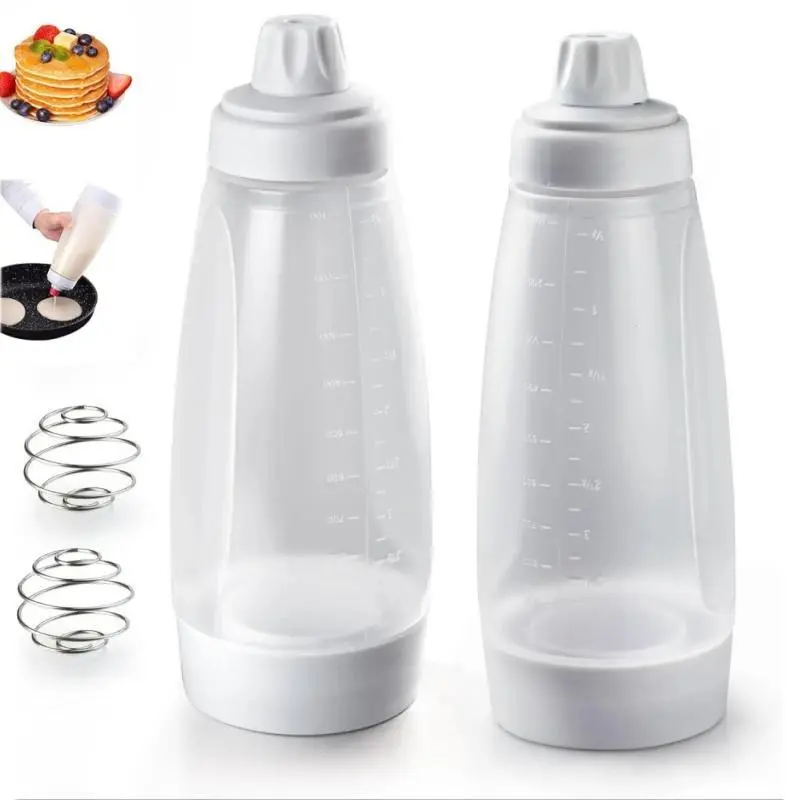 2-Pack BPA-Free Silicone Pancake Batter Dispenser, 1000ml Mix&Dispense Squeeze Bottle with Detachable Metal Blender Ball & Bottom, Dishwasher Safe Baking Kitchen Utensil for Mess-Free Cupcake Prep
