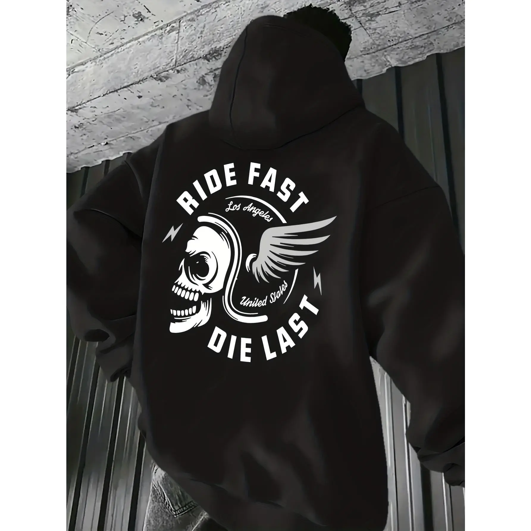 Men's Heavyweight Hooded Sweatshirt with RIDE FAST DIE LAST Motorcycle Slogan -hoodie Pullover Hoodie, Adjustable Hood & Pocket - Gym, Streetwear, Casual Outfit for Urban Fashion - Edgy Aesthetic Comfortable Fit for all-Season Wear