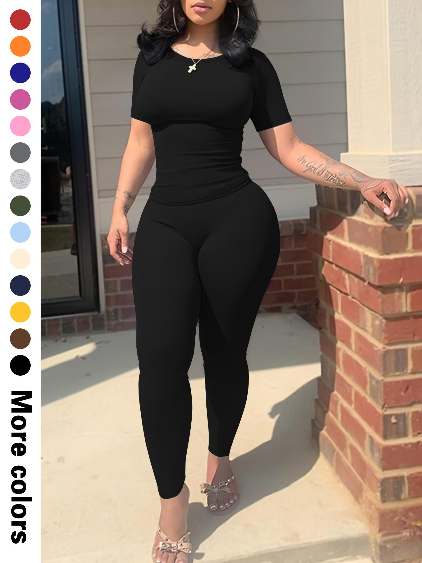 Women's Solid Top & Legging Two-piece Set, Casual Fashion Cozy Breathable Two Piece Outfits for Daily Wear, 2 Piece Sets Women, Ladies Summer Clothes, Workout Running Clothes, Yoga Gym Outfits, Athleisure Wear Set