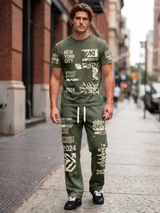 Men's Olive Green NYC Streetwear 2-Piece Set, Micro-Elastic Comfort Top & Pants, Urban Casual Outfit, Great for Daily & City Outings