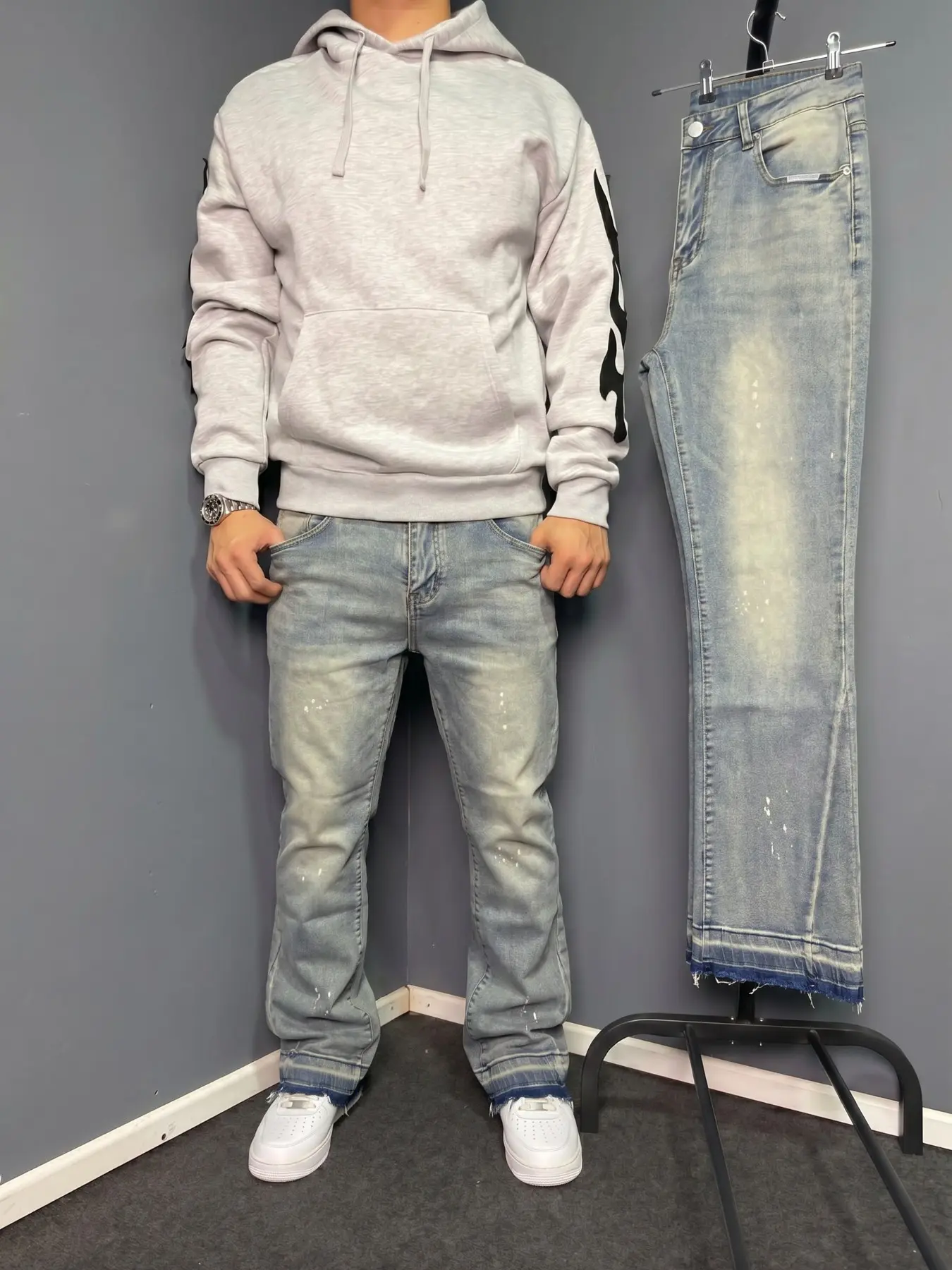 Men's Four-Season Gradient Cat Hair Ink Double-Layer Hem Slim Fit Stretch Micro Flare Jeans, American Y2K Retro High Street Casual Long Pants