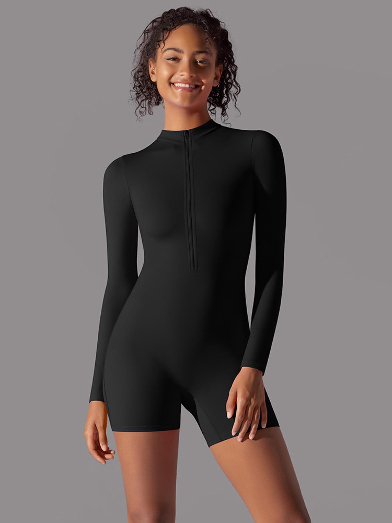 Women's Solid Zip Up Thumb Hole Design Sports Jumpsuit, Long Sleeve Stand Collar Jumpsuit for Yoga Gym Workout, Ladies Sportswear for All Seasons, Stretchable Activewear