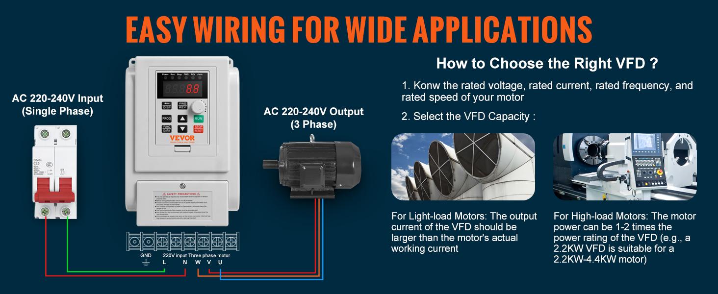 VEVOR VFD 3HP, 2.2KW, 10A, 1 Phase 220V-240V Input to 3 Phase 220V-240V Output Variable Frequency Drive, 0-400Hz VFD for AC Motor Speed Control VEVOR VFD 3HP, 2.2KW, 10A, 1 Phase 220V-240V Input to 3 Phase 220V-240V Output Variable Frequency Drive, 0-400Hz VFD for AC Motor Speed Control