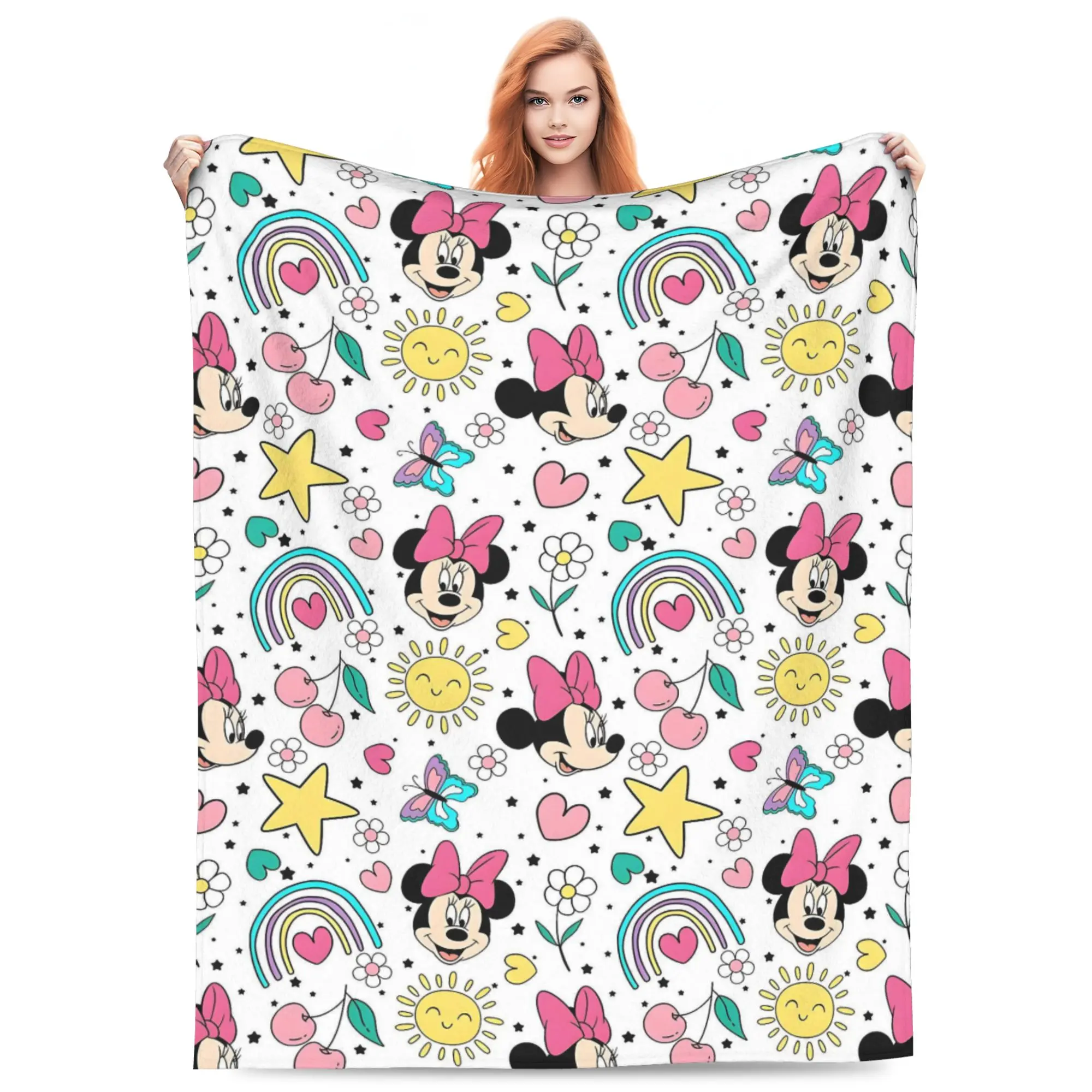 DISNEY CLASSIC Pastel Minnie Rainbow Doodle Throw Blanket, Minnie Head Rainbow Sun Cherry Butterfly Flower Star Heart All Over Print White Base Flannel Fleece Blanket, soft sweet decor for girls’ rooms and casual daily use.