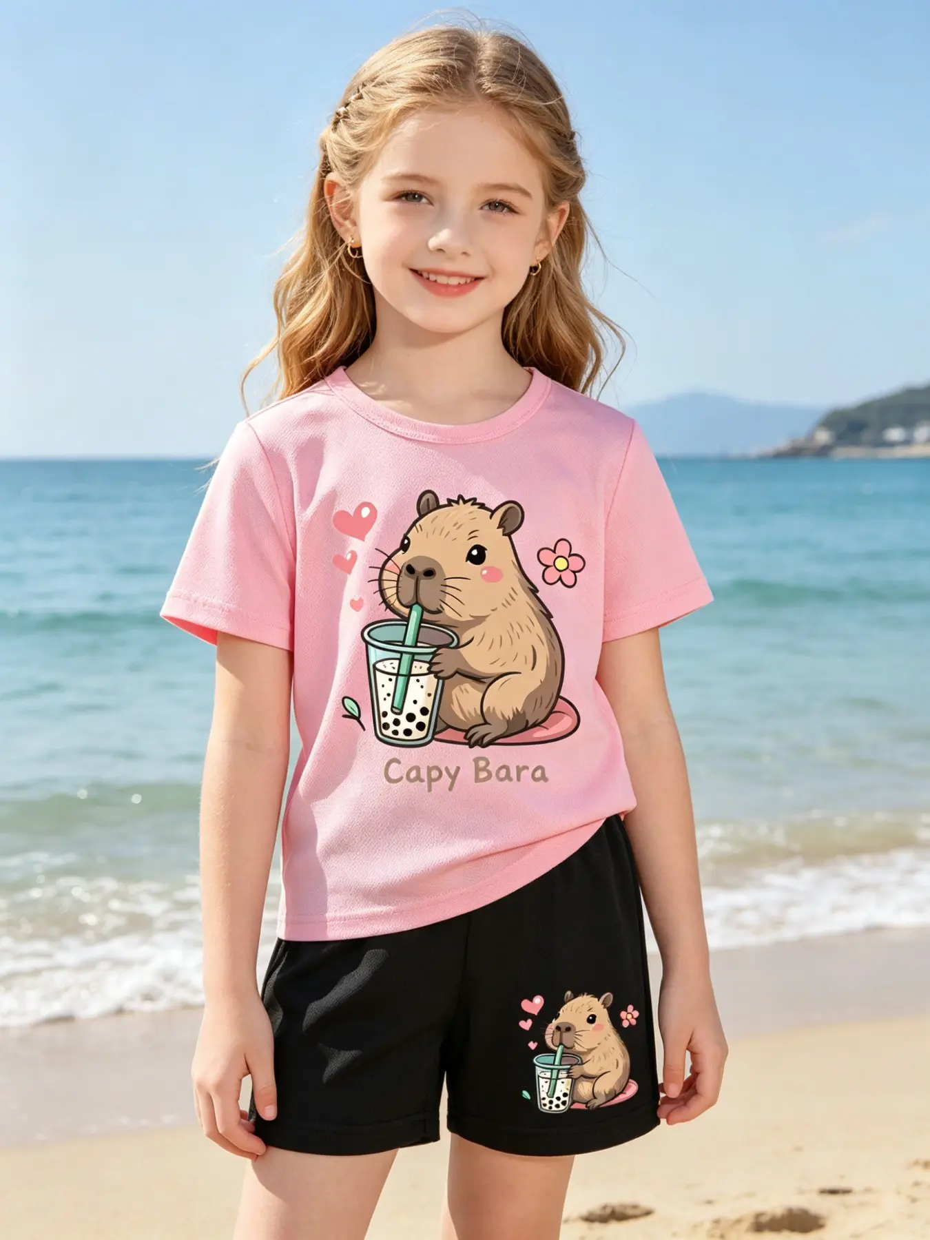 Girls' Casual Capybara Print Short Sleeve T-Shirt + Shorts Set, Baby Summer Fashion Two-Piece, Loose-Fitting All over Print Suit, Summer Outfits Set, Summer Clothing Set