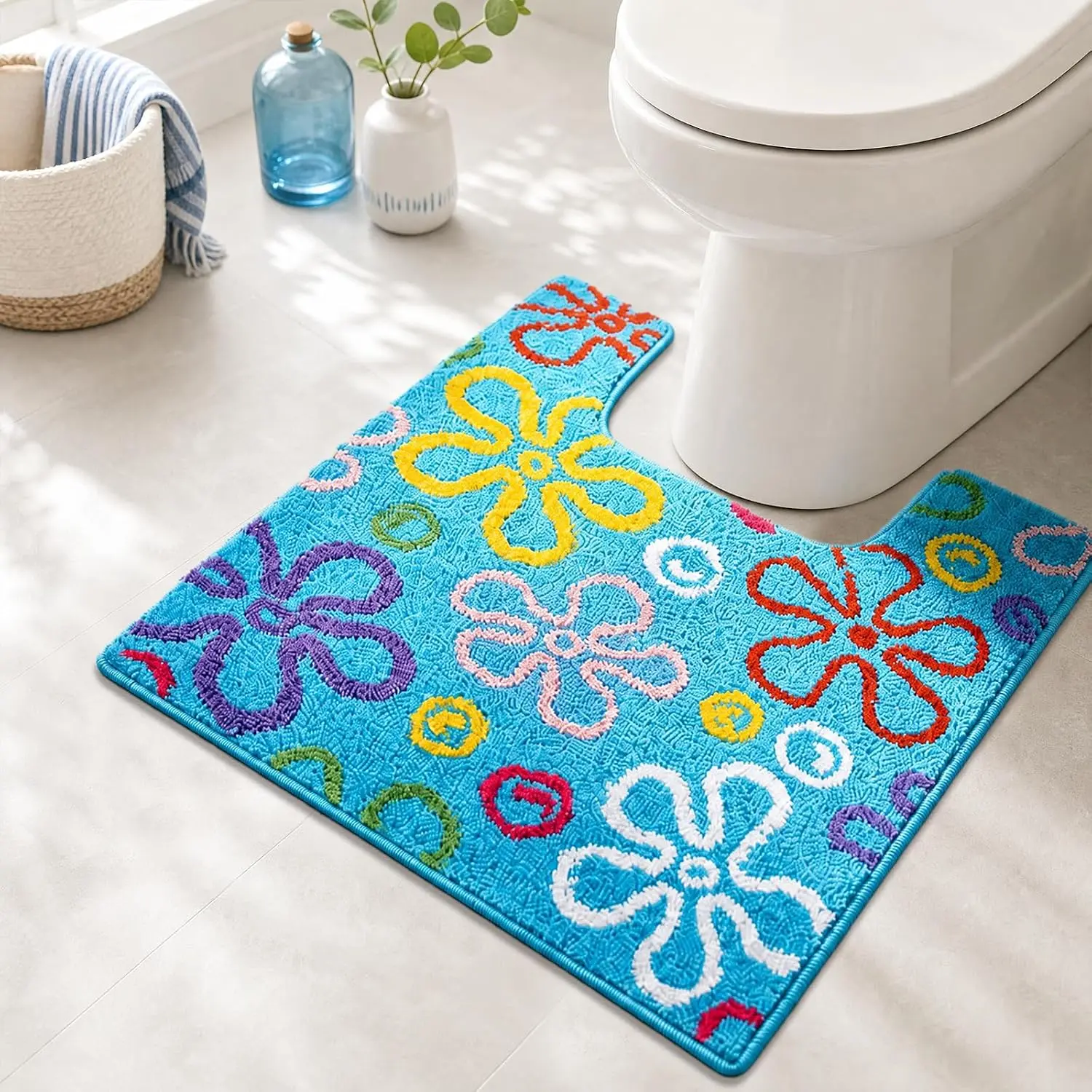 JarThenaAMCS Cartoon Sponge U-Shaped Rubber Flocking Bathroom Rug, Colorful Blue Ocean Bikini Floral Bubble Design, Soft Plush Absorbent Washable Non-Slip Decorative Bath Mat for Coastal Home Restroom