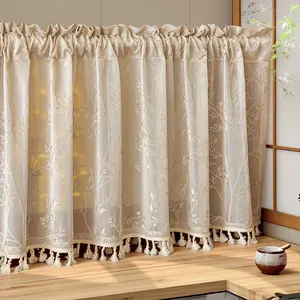1pc French Style Leaf Embroidered Sheer Curtain, Fringe Trim Short Drapes, Soft Light Filtering, Modern Home Decor, Multiple Colors Available
