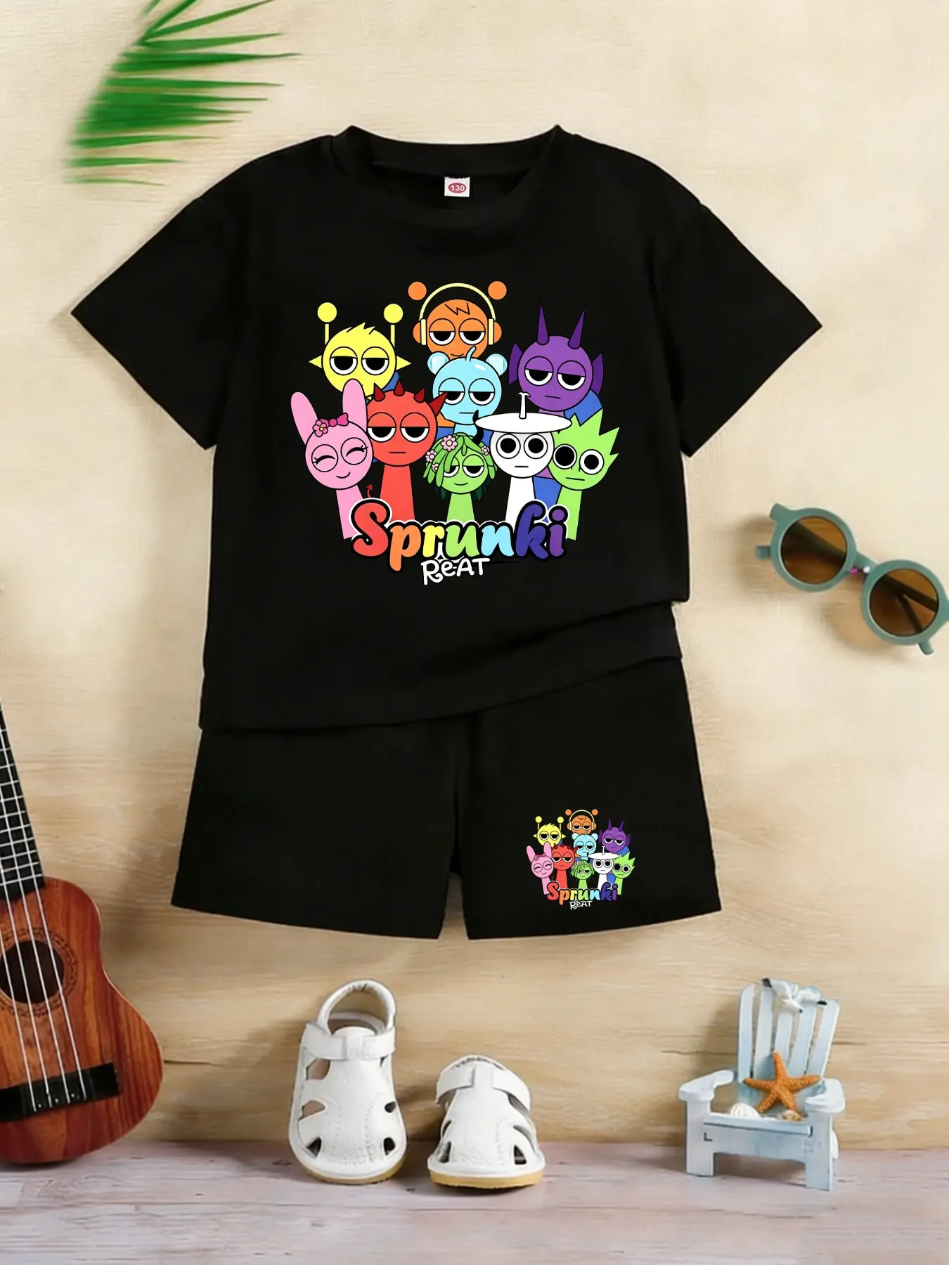 Viral Sprunki Retake All Character Matching Print Kids 2Pcs Outfit, Boys Blue Summer Must-Have Tee & Black Shorts Set, Trendy Cool Versatile Multi Color Boys Birthday Gift Hot Selling#Music Rhythm Boys Set