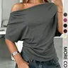 Women's Summer Plain Asymmetrical Shoulder Batwing Sleeve Knit T-Shirt, Casual Loose Fit Drop Shoulder Short Sleeve Top, Casual Tee Shirts, Womenswear