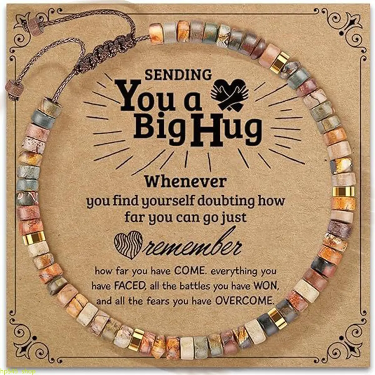 Natural Picasso Jasper Stone Bracelet With Inspirational Big Hug Encouragement Card Adjustable Braided Rope Jewelry Heartfelt Gift For Her Him On Special Occasions, Inspirational Quote Bracelets & Bangles, Wearable Art Bracelets & Bangles homedecor