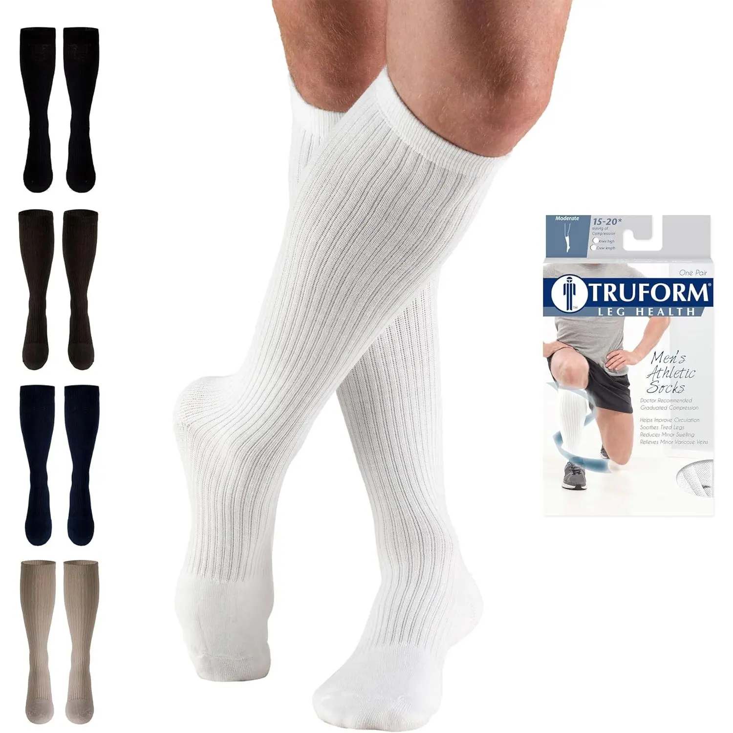 outdoor sports Truform Compression Socks, 15-20 mmHg, Men's Gym Socks, Knee High Over Calf Length, White, Large