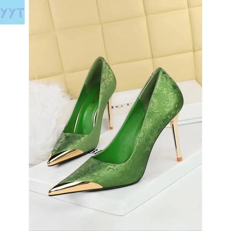 Women's YYT1 Vintage Court Heels - Embroidered Metal Pointed Toe Stilettos, Satin Upper, Plain, Party Wear, All-Season Casual Shoes