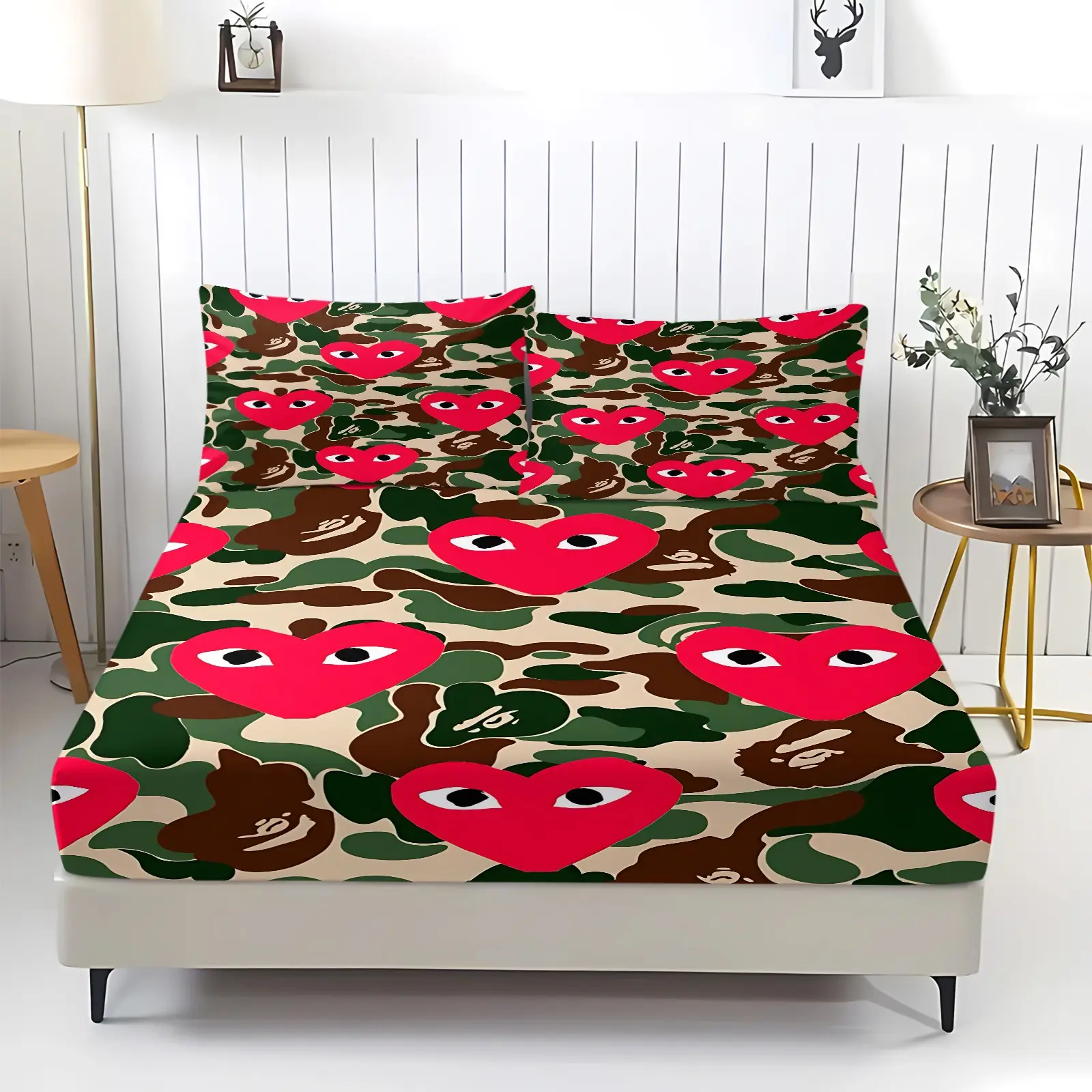 3Pcs Camo Heart Fitted Sheet Set, Trendy Bedding Set, Bedsheets, Soft Microfiber Fabric, Cozy Breathable, Perfect Bedroom Bedding for Teenagers, Street Style Lovers, Ideal Gift for Fashion Lovers. Includes 2 Pillowcases, No Pillow Core
