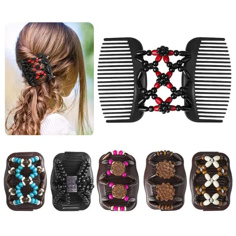 1pc [Double Clips Magic Hair Comb] Handmade Beaded Decor Stretch Comb Magic Beading Hair Comb Double Clips Hair Styling Accessories For Women