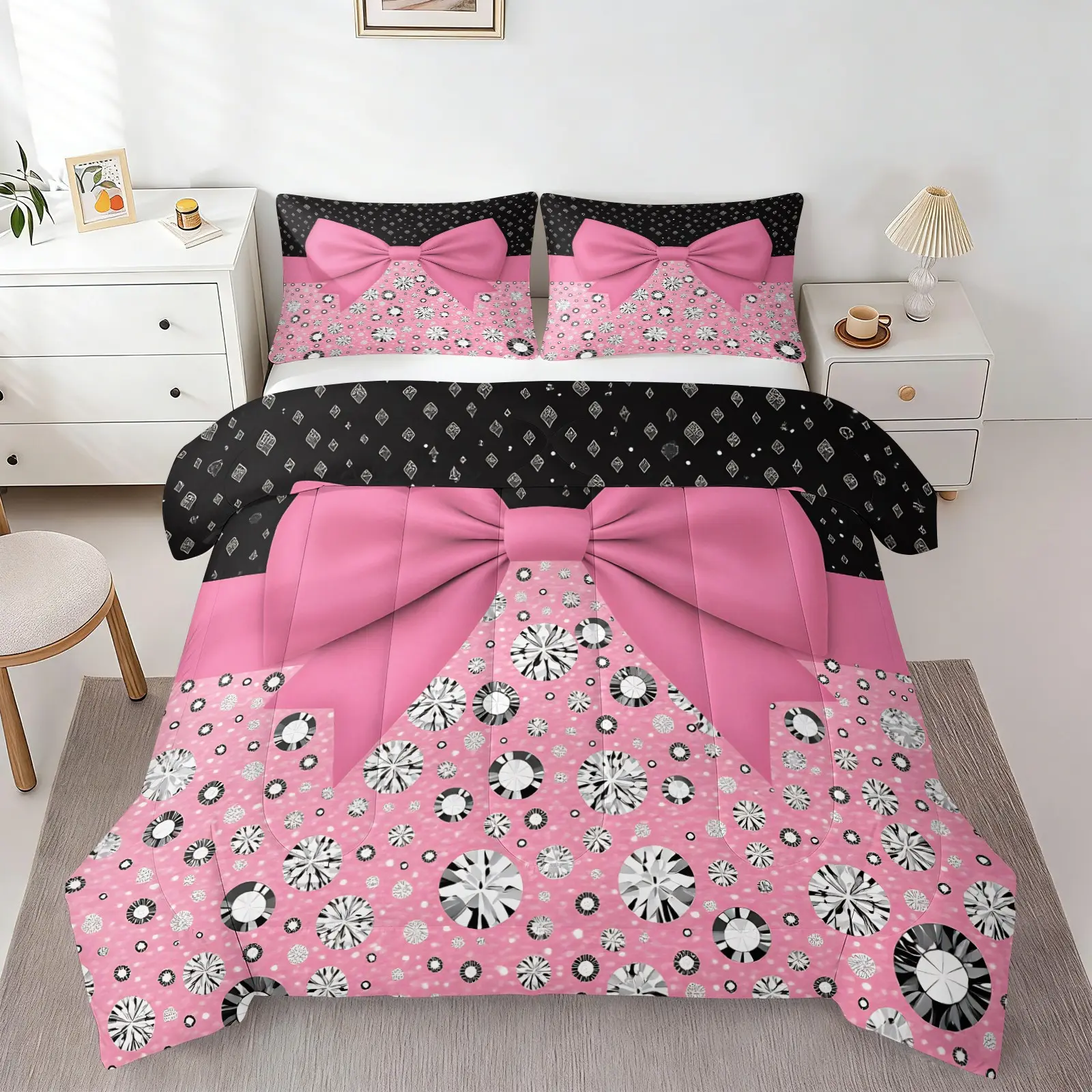 Pink Bow Diamond Quilted Comforter Set, Decorative Bedding Set, Include One Quilt Core and 1/2 Pillowcases,  Black Pink Color Block Big Bow Rhinestone Crystal Print Bedding Bedding Sets, Printed Bedding Set