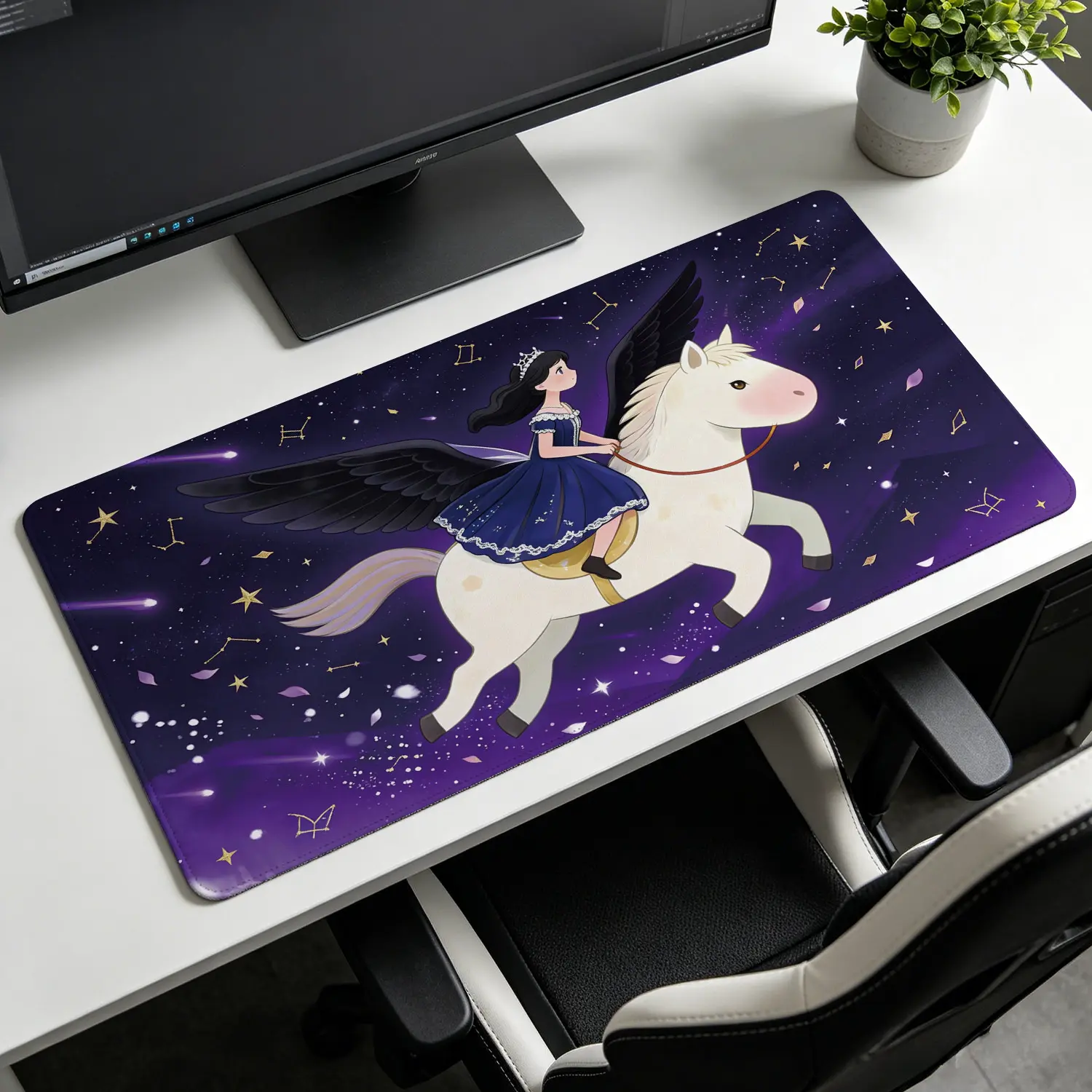 Extra Large fantasy princess riding pegasus in starry night sky Mouse Pad,Non Slip Rubber Pad,Desktop Decoration Drotection Pad,Washable,Lock Edge Multi Size,Premium Multipurpose Mousepad For Home,Office,Gift for Family and Friends