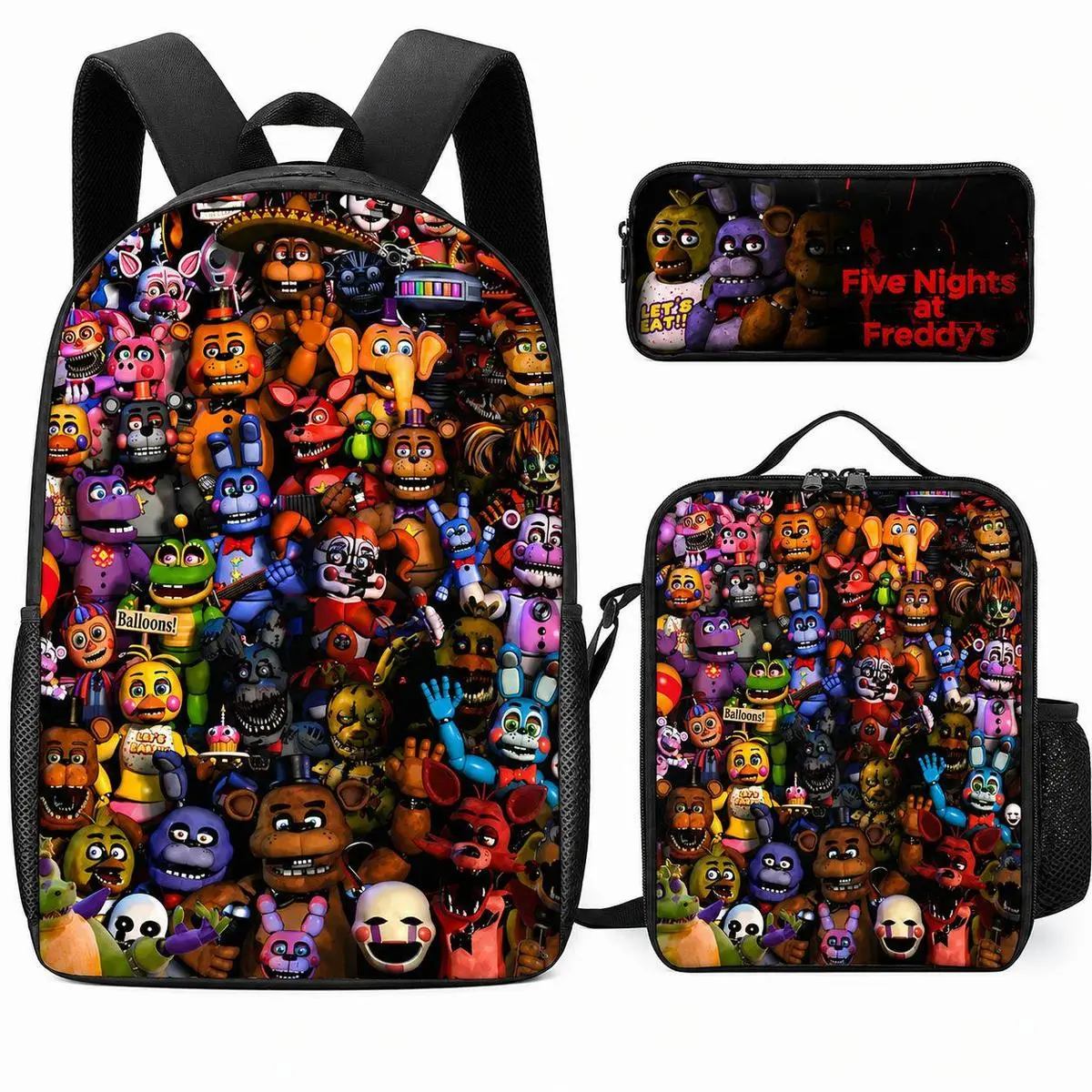 5 Nights at Freddy's 3-Piece 3D Print Cartoon Backpack Set - School Backpack, Insulated Lunch Bag, Pencil Case for Kids (Back-to-School)