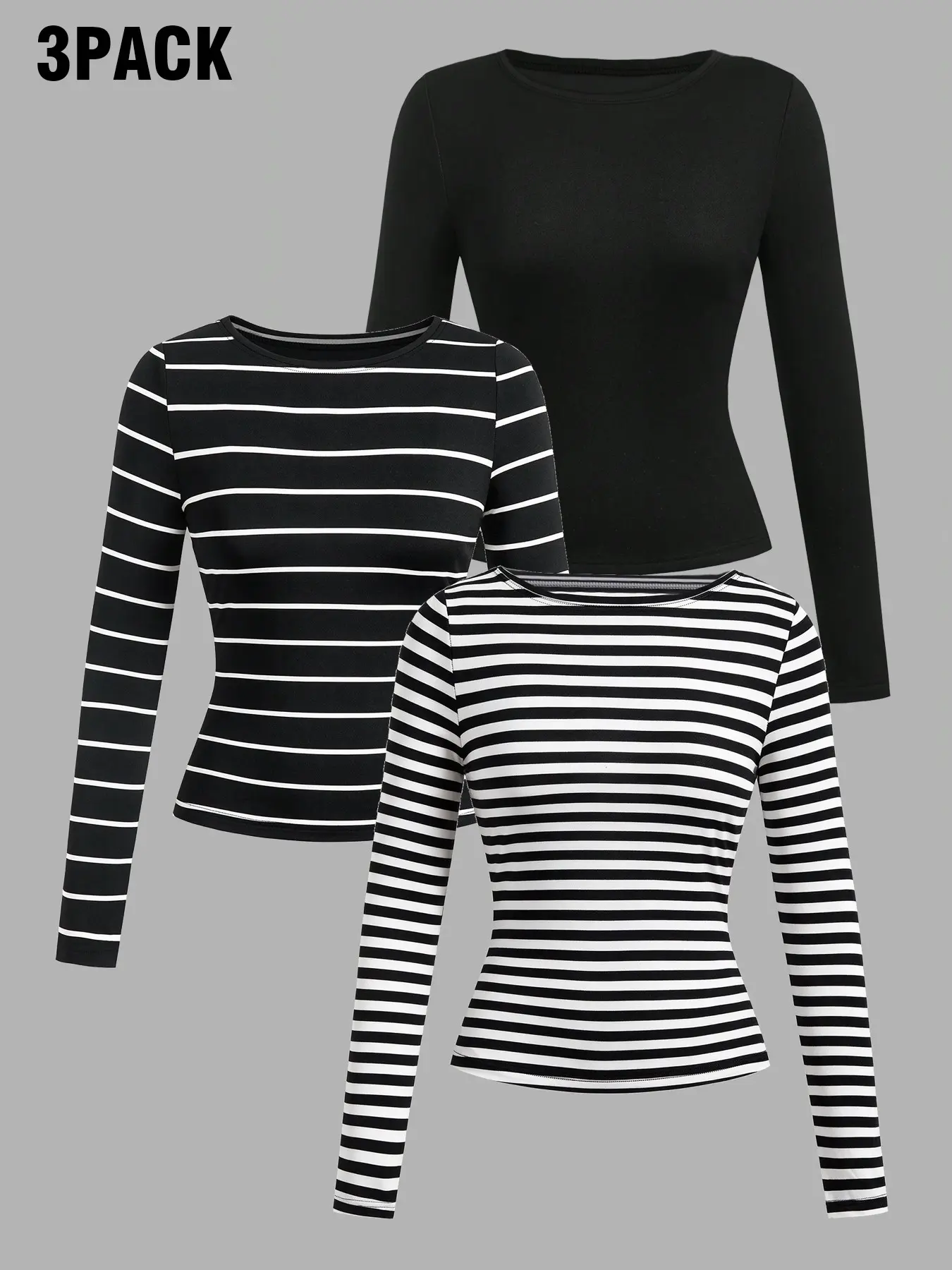 3 Pack Women Crew Neck Long Sleeve Basic Tops Set, Solid Black & Black‑White Striped Slim Fit Tees, Soft Stretchy Knit Layering Shirts, Casual Daily Undershirt, For Workout, Home, Office, Dating, Travel, Everyday, Going‑Out Base Tops For Ladies