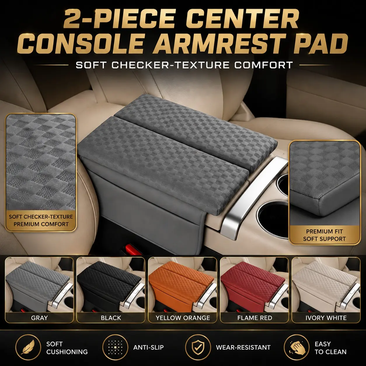 2-Pack Car Center Console Armrest Pads, Soft Plaid Armrest Covers, Universal Fit, Sponge Rubber Material, Automotive Interior Accessories