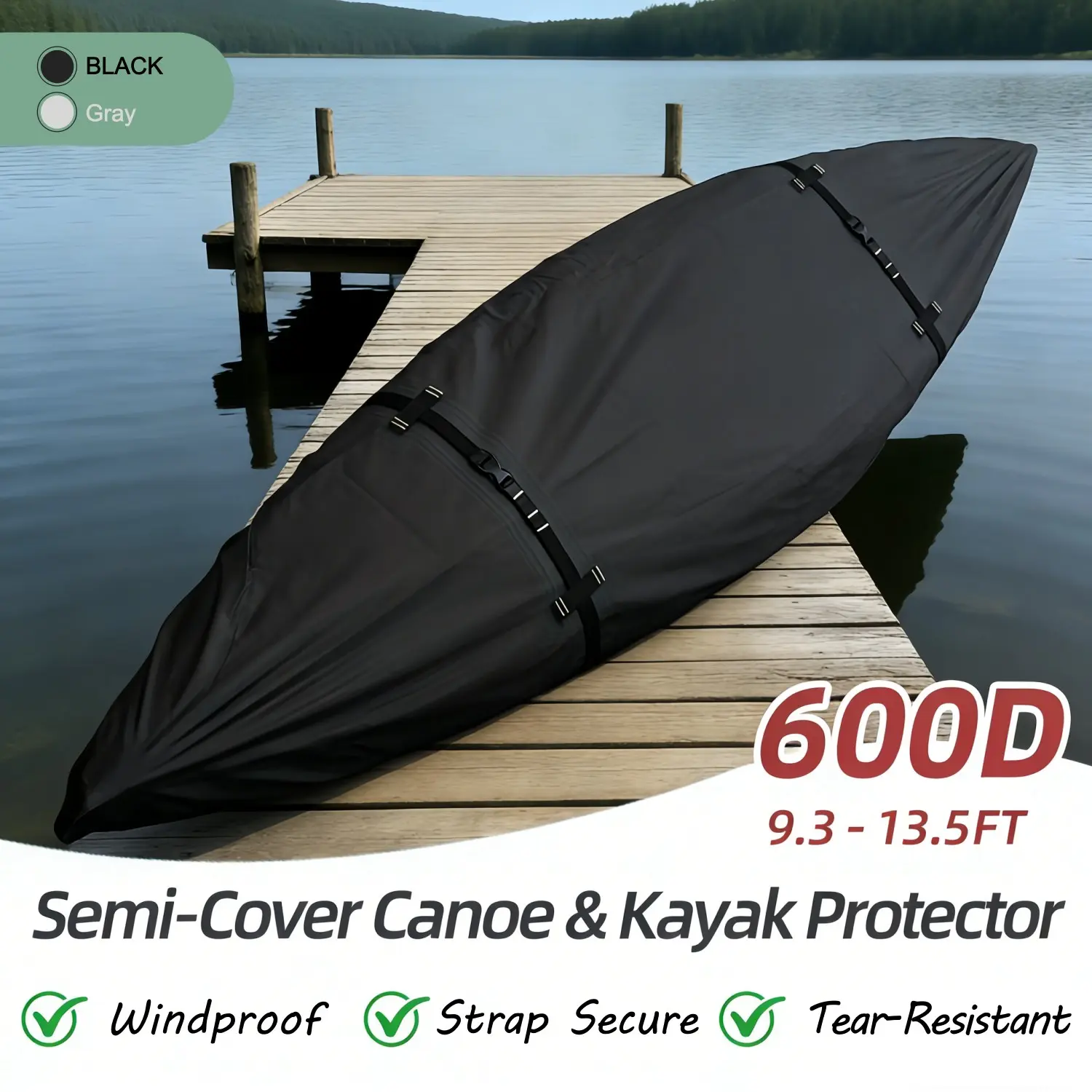 Kayak Cover with Independent Storage Bag for 9.3 to 13.5 Feet, Half-Style Boat Protection Cover, Waterproof, Wind-Resistant, Adjustable Buckle Straps for Canoe and Kayak