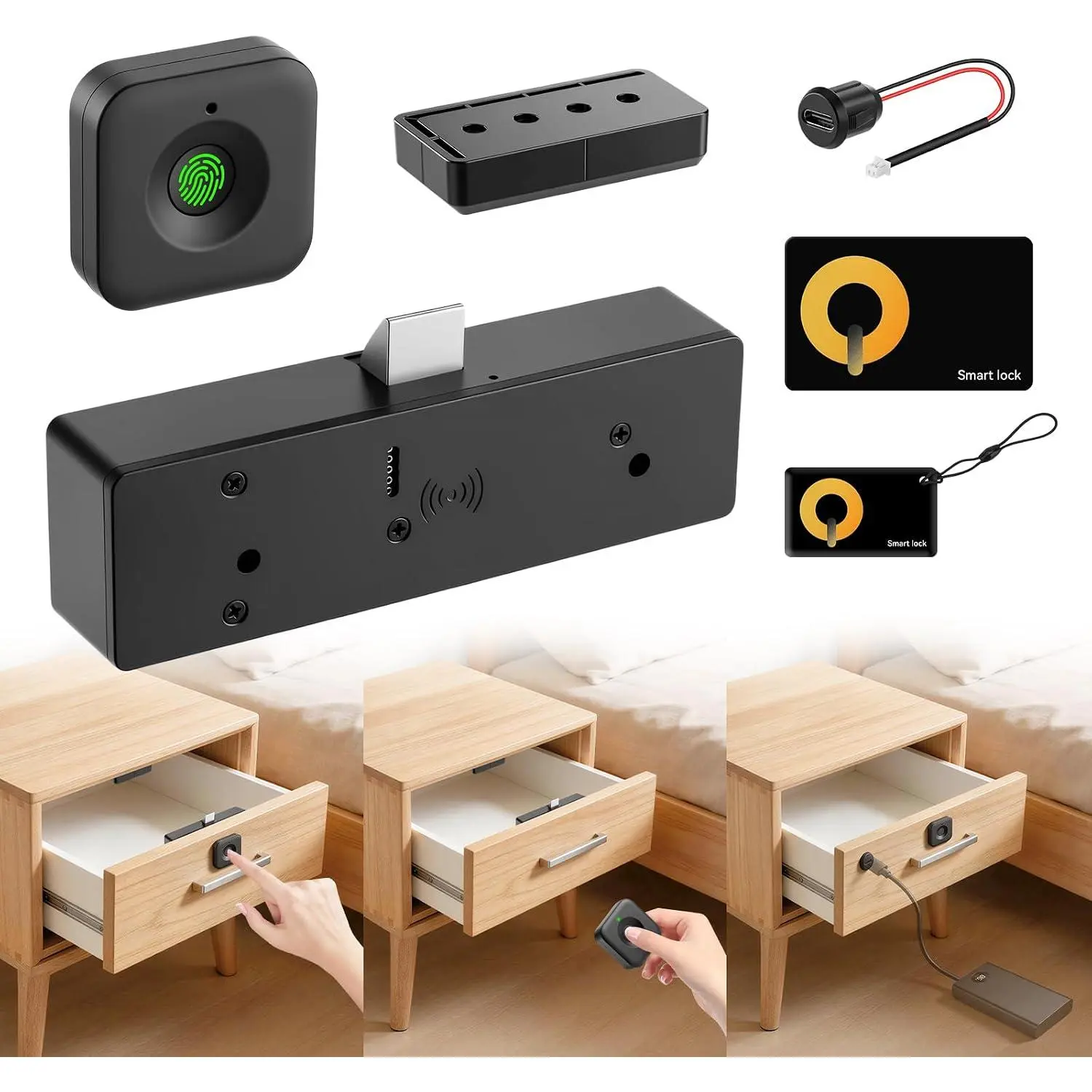 Cabinet Lock,  No Drill No APP  Proof Keyless Drawer Lock | Fingerprint, Remote & IC Card Unlock for Adults File Kitchen Cupboard Closet , Auto Lock, with USB Backup, ABS Material