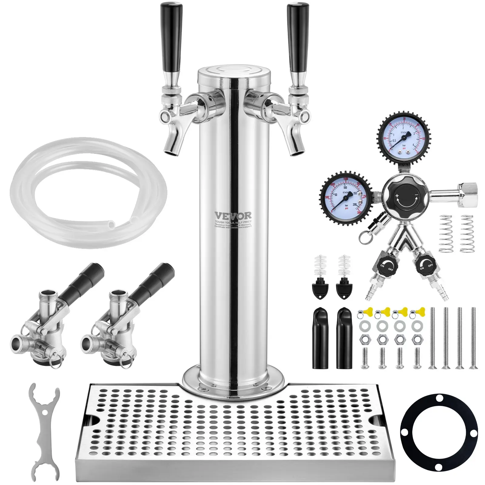 【DealsForYouDays】VEVOR Kegerator Tower Kit, Dual Taps Beer Conversion Kit, Stainless Steel Keg Beer Tower Dispenser with Dual Gauge CGA320 Regulator D-System Keg Coupler, Beer Drip Tray for Party Home