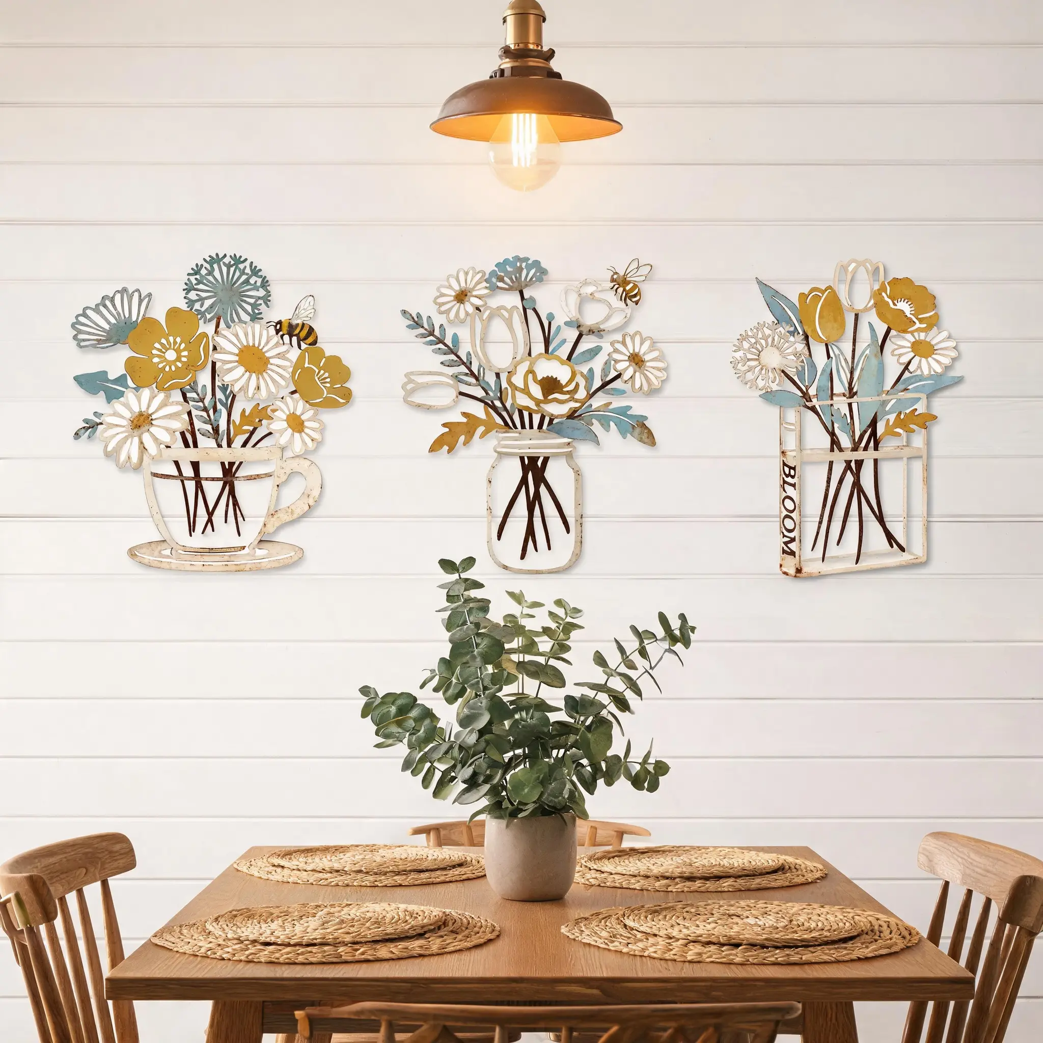 Sayzineo 3 Pcs Metal Flowers Wall Arts Rustic Farmhouse Decor Bathroom Wall Decor Dining Room Vintage Wall Decor Minimalist Decor Housewarming Gifts (Available in color and black) 11.8x10 Inch Perfect For Front Porches Or Dorm Room Decor