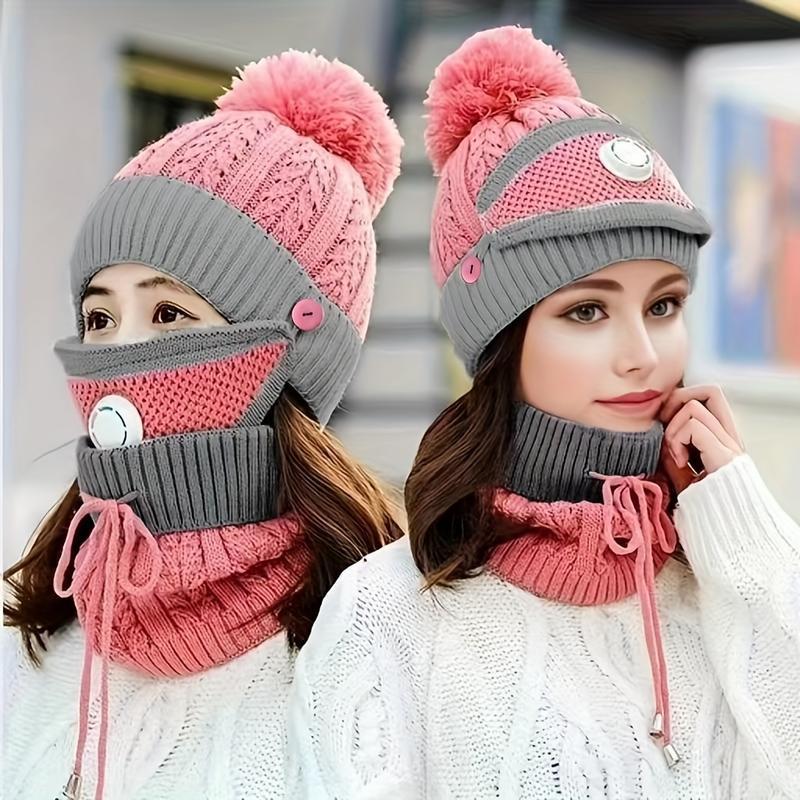 3PCS Women's Beanie Set with Mask and Scarf, Thickened Fleece Winter Hat for Ear Protection and Extra Warmth