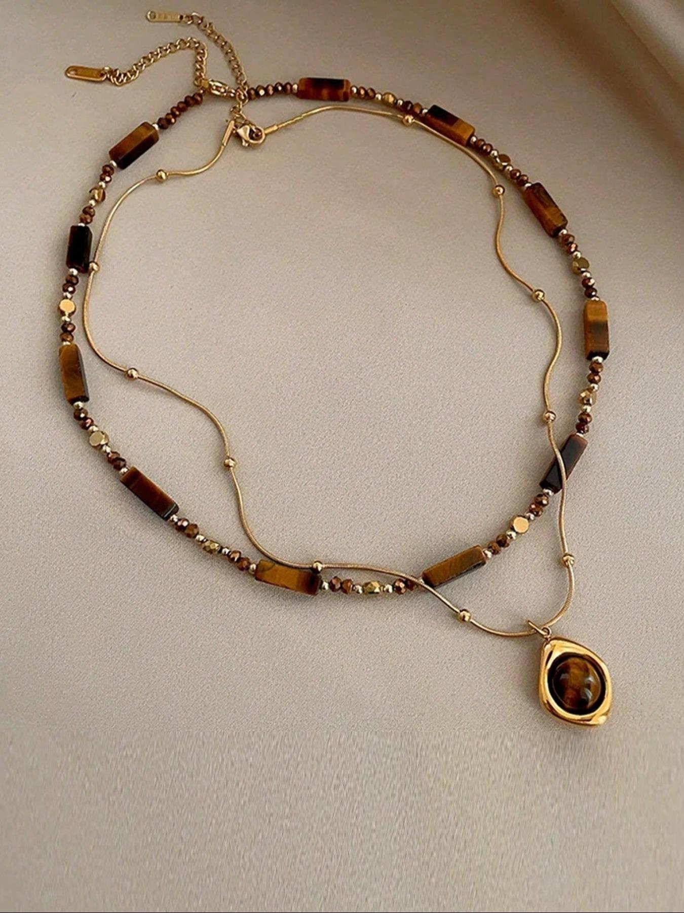Women's Stainless Steel Necklace Set, Vintage Artificial Tiger's Eye Stone Pendant Jewelry, Artificial Gemstone Necklace for Daily Wear & Gifts, Layered Necklaces, Fashion Accessory Necklace, Fashion Necklace (The color of the stone is random)