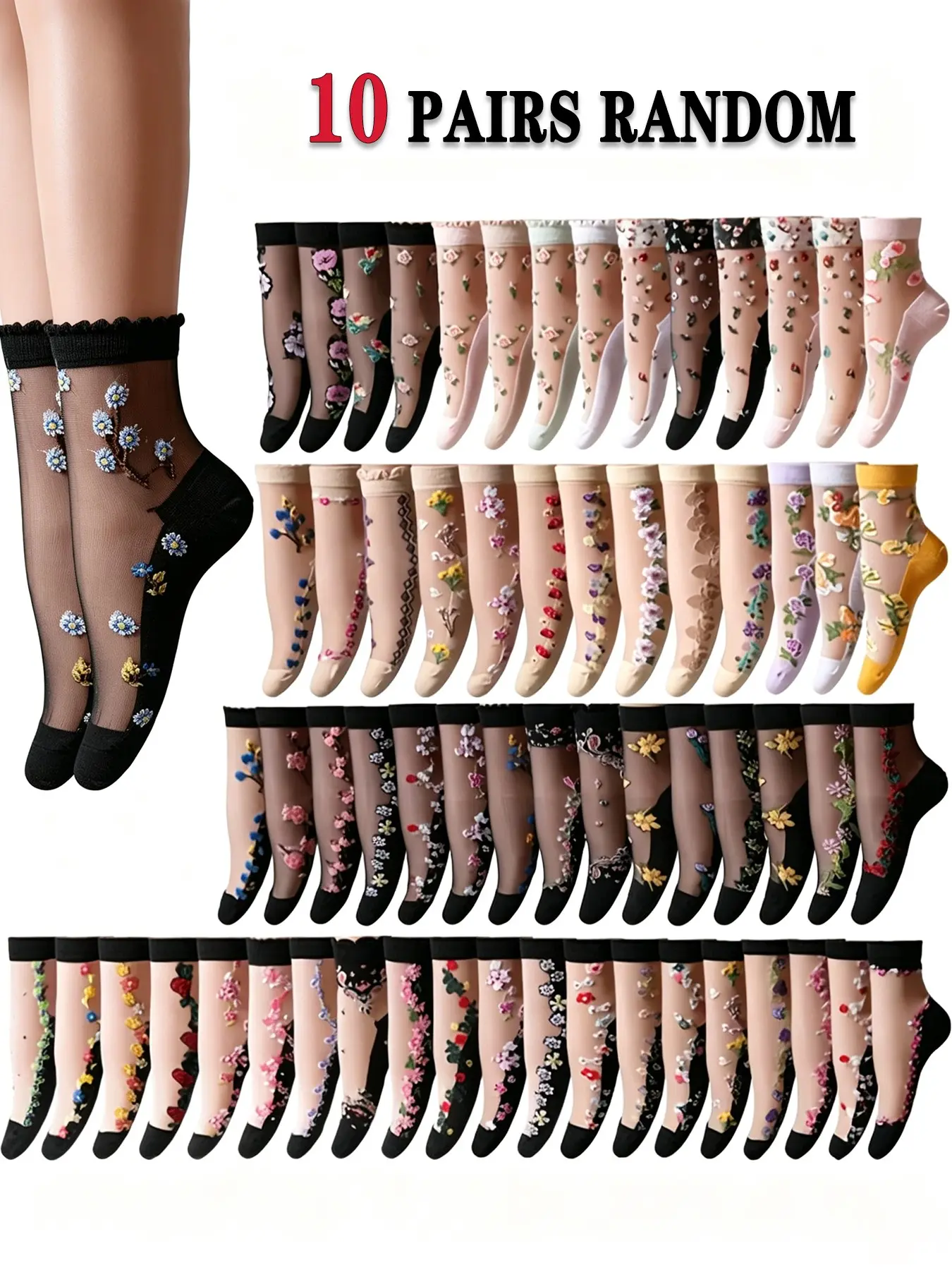 Women's Thin Mesh Crew Socks, Breathable & Sweat-Absorbent, Floral Pattern, Elegant Style, Suitable for Daily & Work Wear