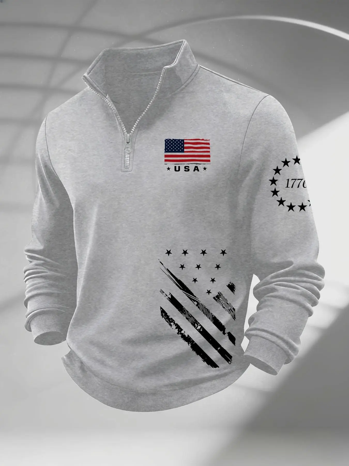 Men's Quarter Zip Pullover Sweatshirt, Vintage Distressed USA Flag 1776 Star Print, Patriotic Casual Long Sleeve Top for Men