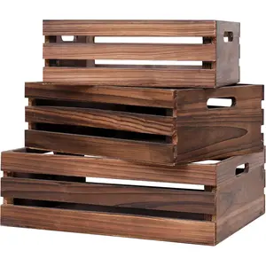 Crates For Storage,Decorative  Brown Wooden Crates For Display, Solid  Boxes,Set Of 3 Rustic Black Wooden Crate. ( brown)