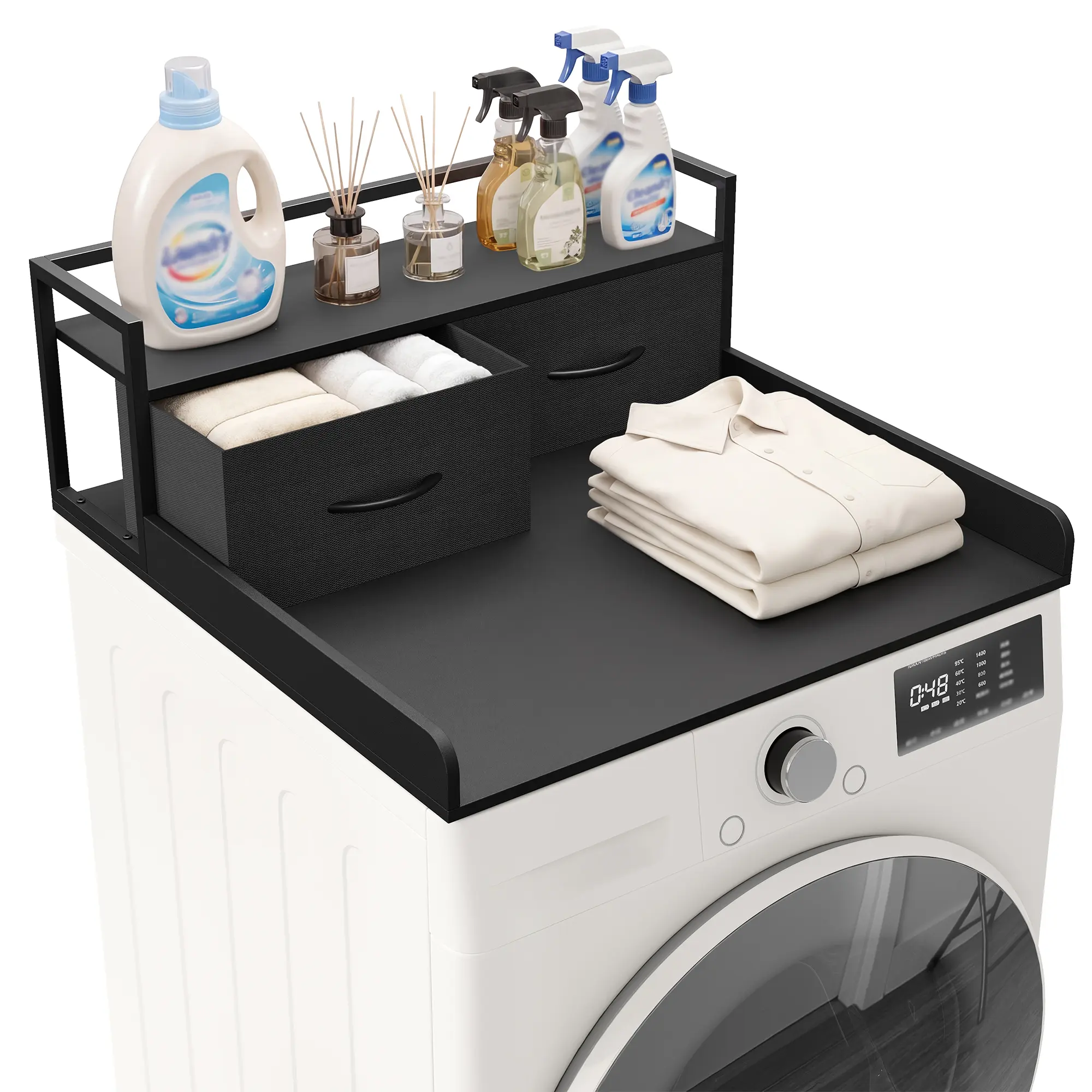 2 Drawers Washer Dryer Countertop with Shelf, Laundry Countertop with Open Storage Shelf, Washer and Dryer Topper for Folding & Ironing, Black