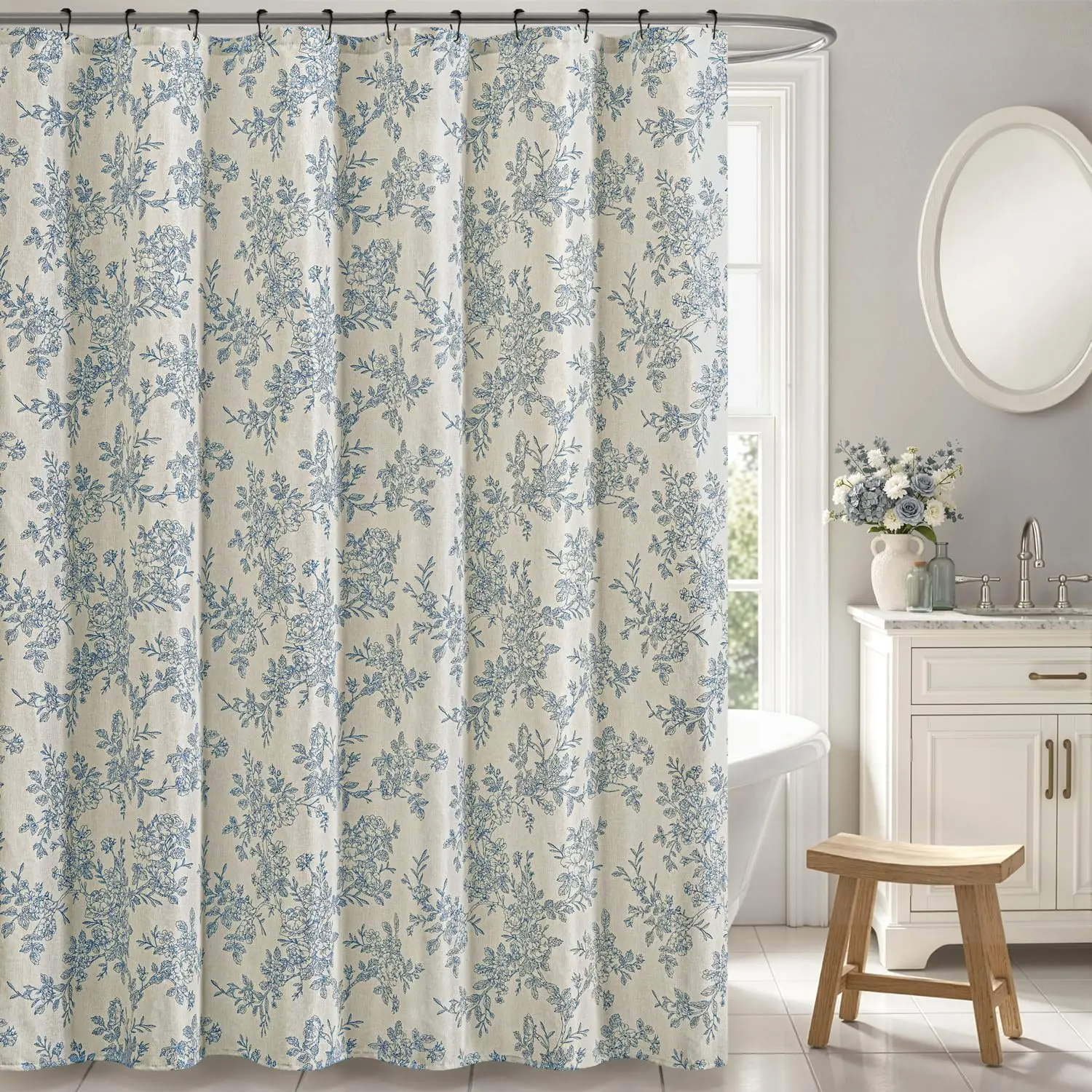 Linen Blue Floral Toile Print Shower Curtain, 72x72in, Linen-Textured Fabric with 12 Rustproof Metal Hooks, Wrinkle-Resistant, Machine-Washable Cottage Core Bathroom Decor, Shower Curtains