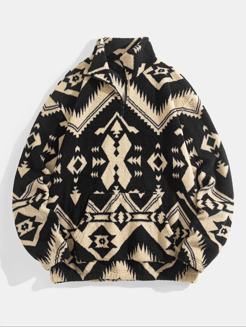 Men's Ethnic Pattern Zip Up Kangaroo Pocket Plush Sweatshirt, Casual Boho Style Drop Shoulder Long Sleeve Fuzzy Outerwear, Men's Fall & Winter Clothes
