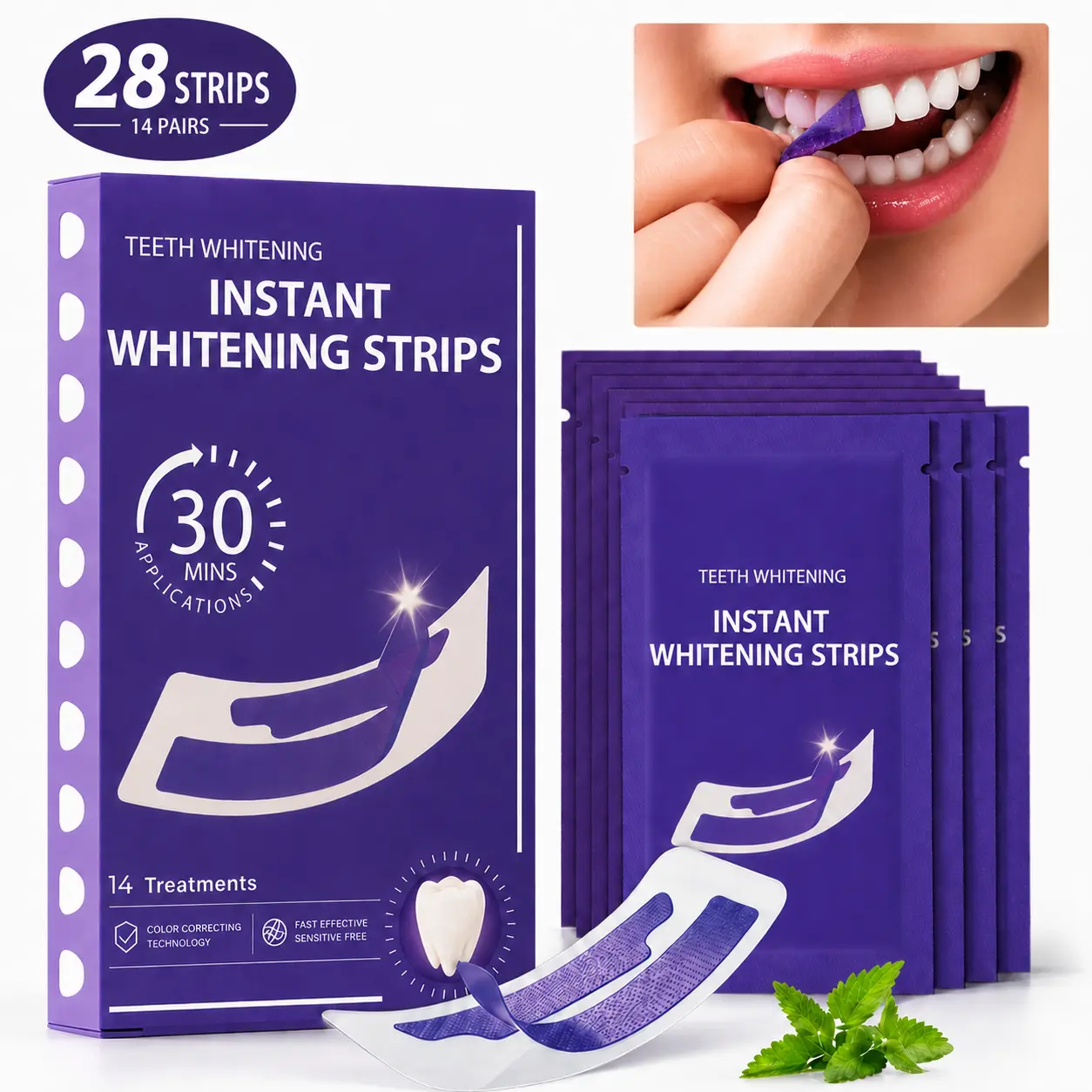Purple Teeth Whitening Strips – Oral Clean Formula, Gentle Whitening – 14 Treatments (28 Strips), Purple Tooth Whitening, Tooth Stain Treatment, Combining Whitening and Colour Correction,Peroxide-Free Enamel-Safe whiten Mint Daily Kit