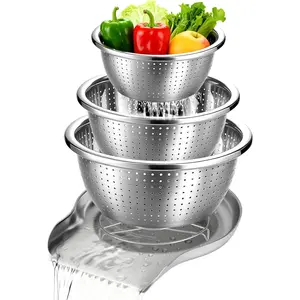Stainless Steel Colander Set with Self-Draining Base, 3 Sizes Colanders & Food Strainers for Pasta, Rice, Fruits & Veggies, Metal Colander with Draining Plate for Sink or Countertop