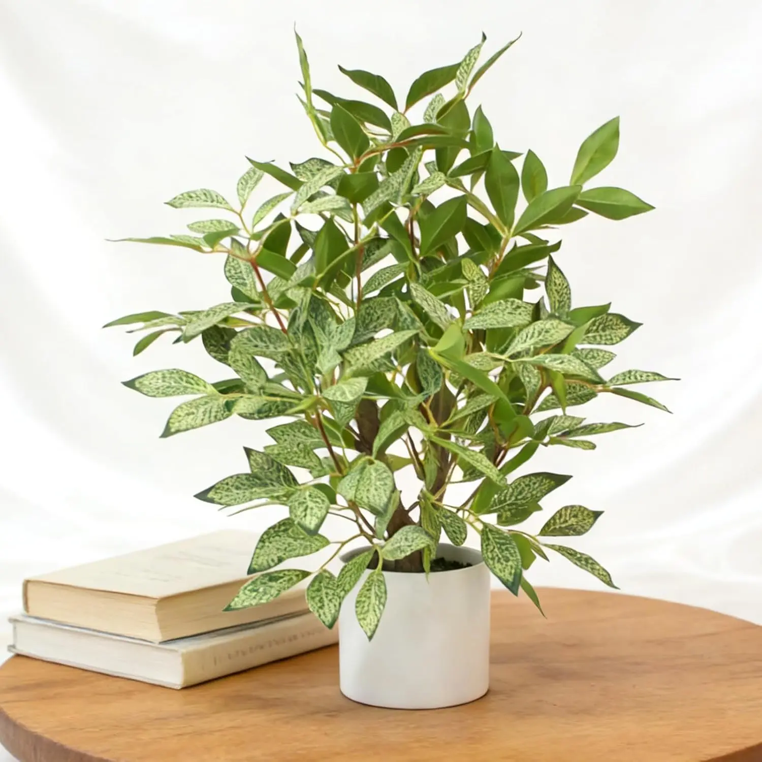 16-in Decorative Plastic Fiddle Leaf Fig Artificial Potted Tree, Elevated Home Faux Greenery Mesh Leaf Plant in White Pot for Living Room, Office Indoor Home Decor, Faux Greenery Artificial Trees