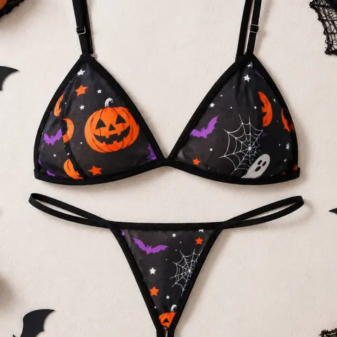 Two-Piece Halloween Pajama Set, Sexy Floral Pattern, Fitted Design, All Seasons Wear, Autumn