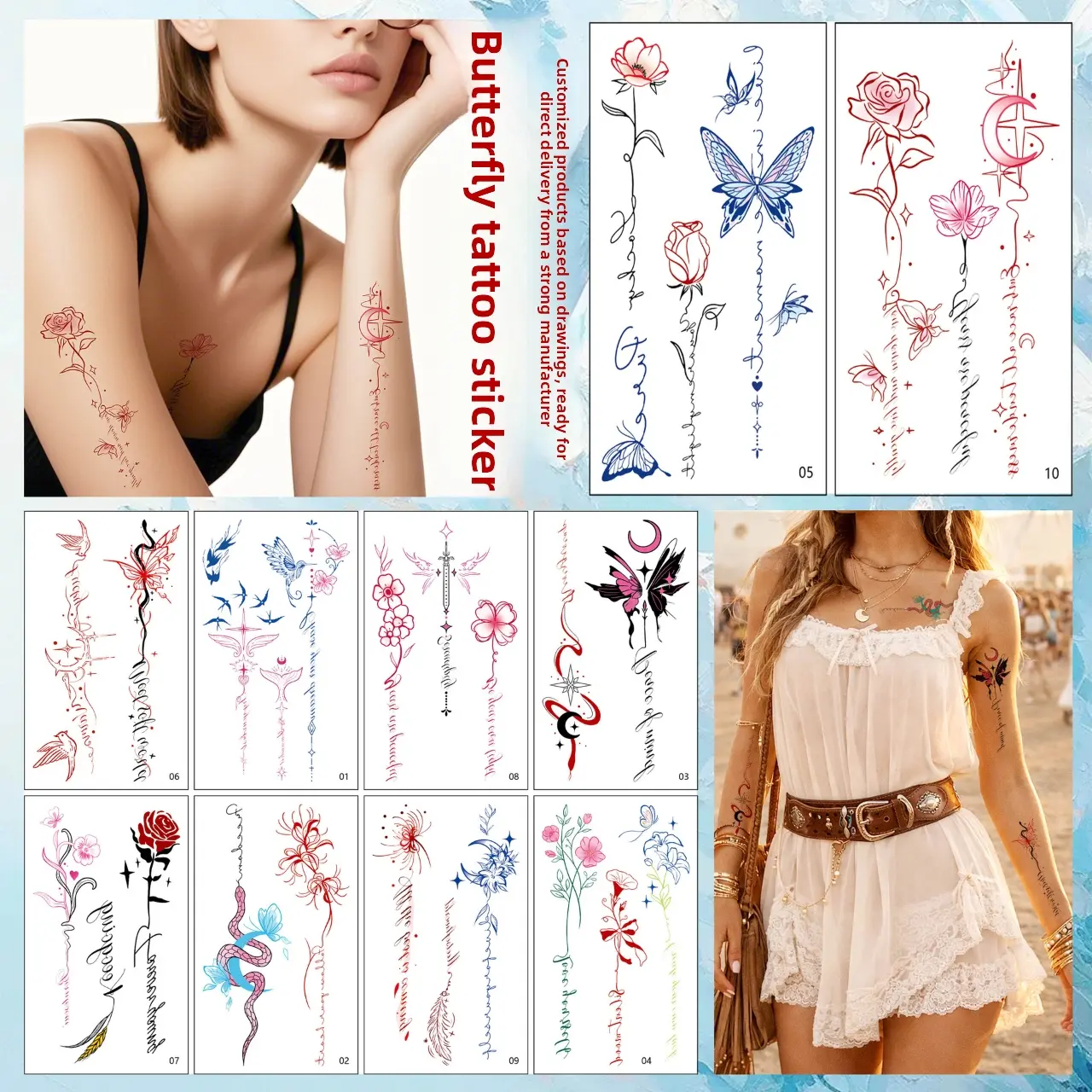 New Colorful Line Tattoo Stickers, Rose Lily Butterfly English Short Phrase Realistic Tattoo Stickers, Fashionable Body Art Accessories, Arm Temporary Tattoos#tattoo #tattootok #tattooideas #temporarytattoo #faketattoo #bodyart #inked