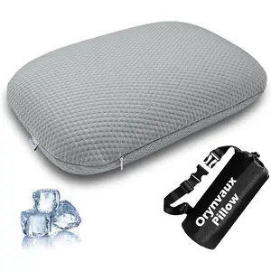 Cooling Camping Pillow, Memory Foam Travel Pillow with Adjustable Buckle Strap & Storage Bag, Compact Small Pillow for Airplane, Car Lumbar, Office, Washable Cooling Cover, Quarry Grey